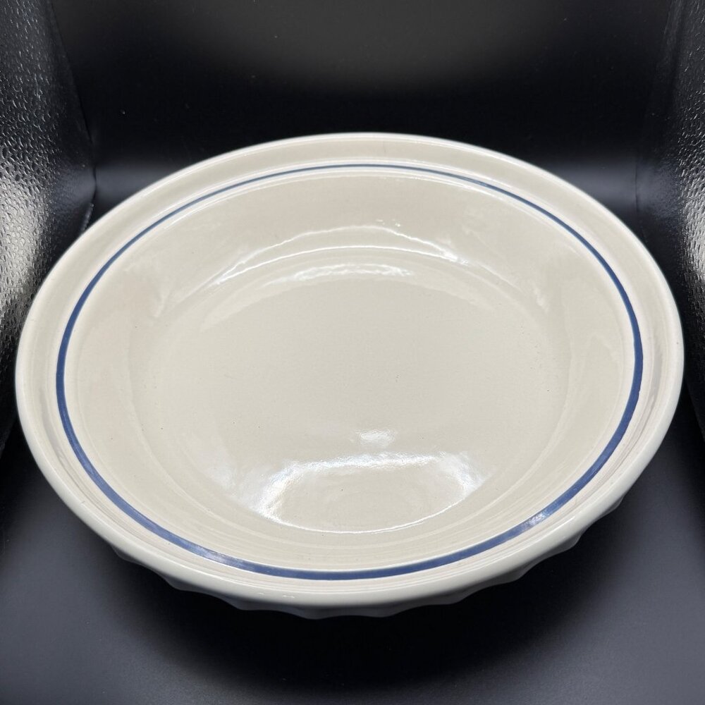Longaberger Pottery Ivory & Blue Striped Round Pie Plate 10.5" Diameter Made USA